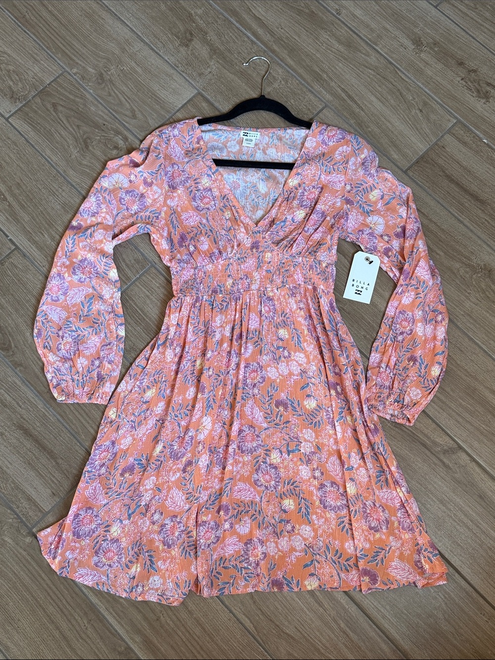 Billabong Peach Floral Long Sleeve Smocked Dress